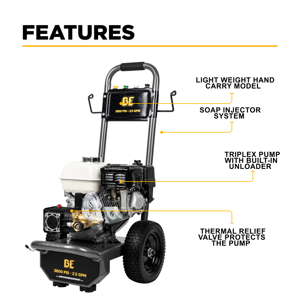 BE B3865HA 3,800 PSI - 2.5 GPM Cold Water Gas Pressure Washer with Honda GX200 Engine - Image 3