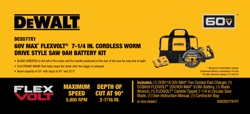 Dewalt DCS577X1 FlexVolt 60V MAX 7-1/4 in. Cordless Worm Drive Style Saw 9.0Ah Kit - Image 4