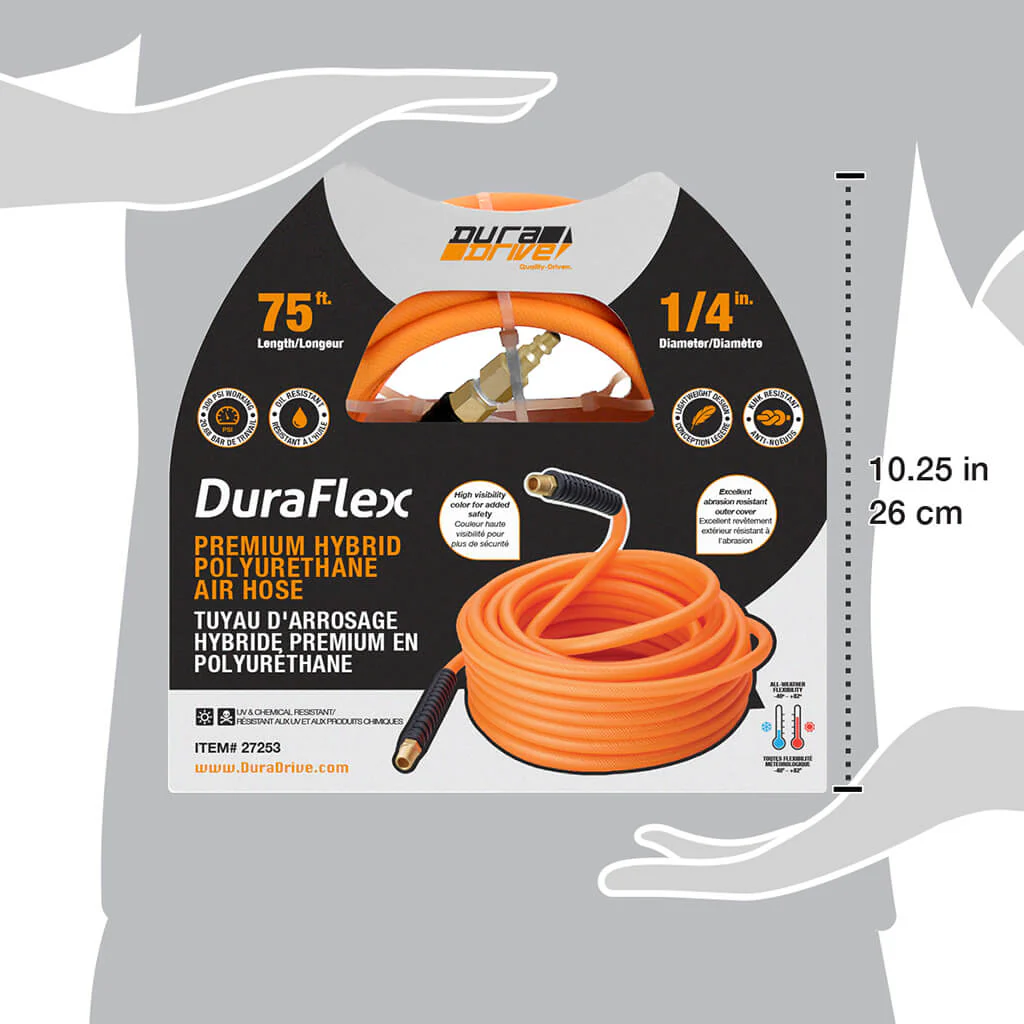 DuraDrive FO1475F 1/4 in. x 75 ft. Orange Hybrid Polyurethane Air Hose with Swivel Fitting - Image 5
