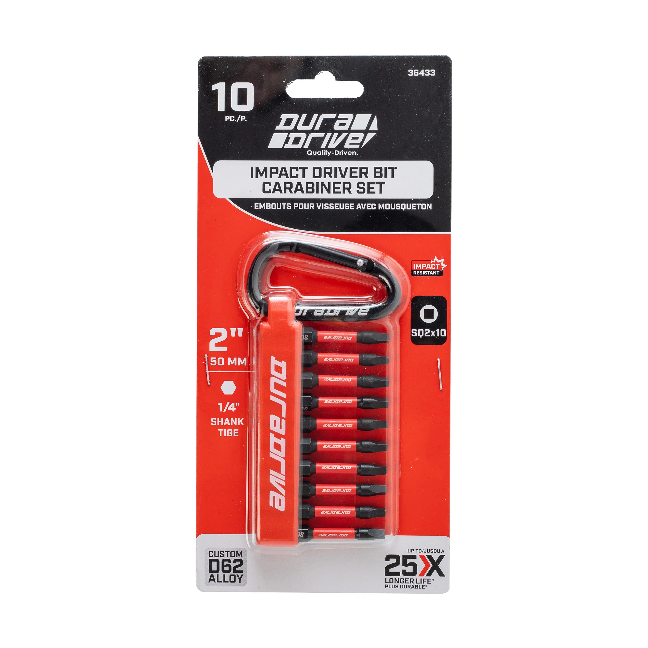 DuraDrive 2" SQ2 Carabiner Impact Driver Bit Set (10-Pieces) - Image 2