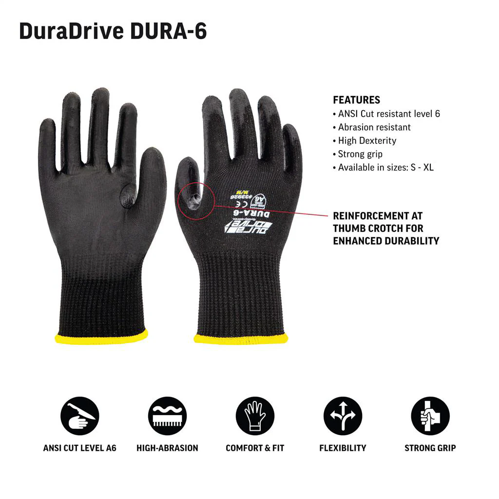 DURADRIVE DURA-6 A6 CUT RESISTANT KNITTED GLOVES - ANSI CERTIFIED 3 PACK - Image 2