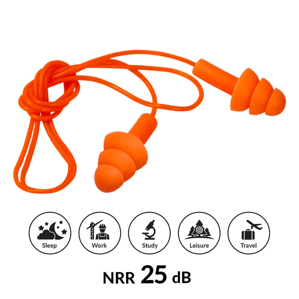 DuraDrive Orange Reusable Corded Triple-Flange Silicone Earplug with 25 dB NRR (200-Pair) - Image 5
