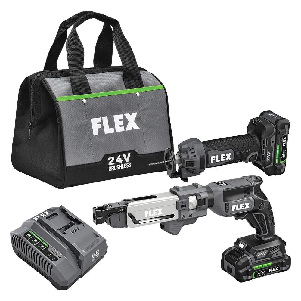 Flex FXM203-2A 24V Drywall Screw Gun W/Magazine & Cutout Tool Kit 2 x 2.5 Ah