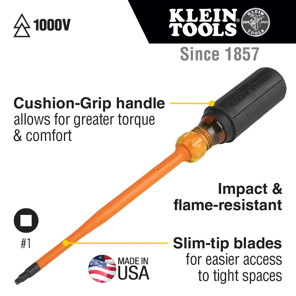 Klein 6986INS #1 Sq Slim-Tip 1000V Ins Scrwdr 6 in. Round Shank - Image 10