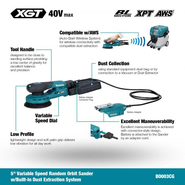 MAKITA
BO003CGZ 40V Max XGT BL 5 in. Random Orbit Sander w/AWS, Tool Only - Image 13
