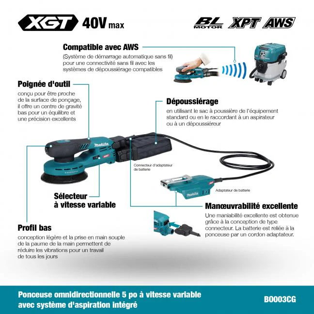 MAKITA
BO003CGZ 40V Max XGT BL 5 in. Random Orbit Sander w/AWS, Tool Only - Image 14