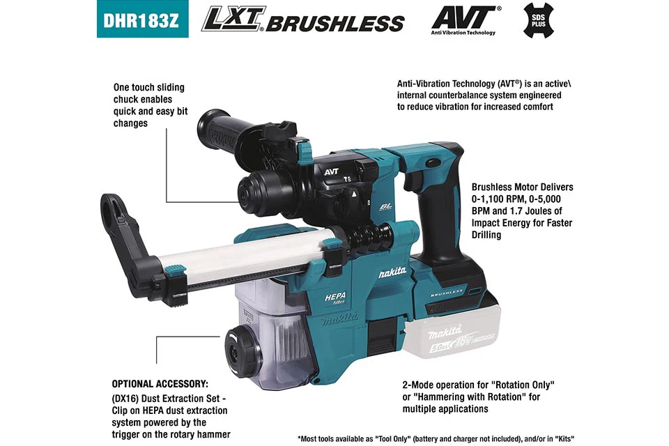 Makita DHR183Z LXT® 11/16 - 1/2 in 18 V Lithium-Ion Brushless Cordless Rotary Hammer (Tool Only) - Image 5