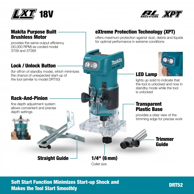 MAKITA DRT52Z 18V LXT BL 1/4 Inches Router, Tool Only - Image 2