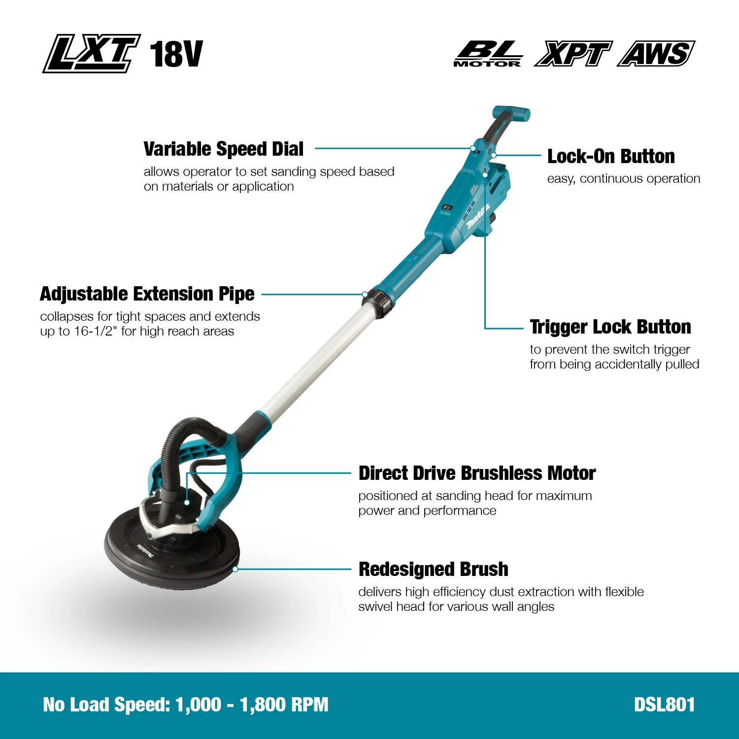 Makita DSL801ZX1 18V LXT® 8-7/8 in. Brushless Drywall Sander (Tool Only) - Image 10