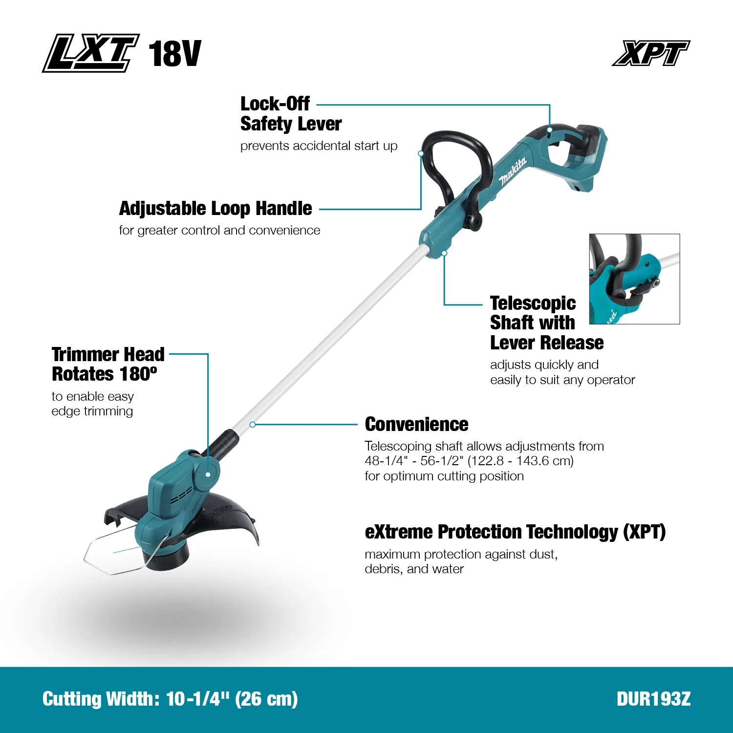 Makita DUR193M001 18V LXT 10-1/4 in. Line Trimmer Kit (4.0 Ah x1) - Image 4