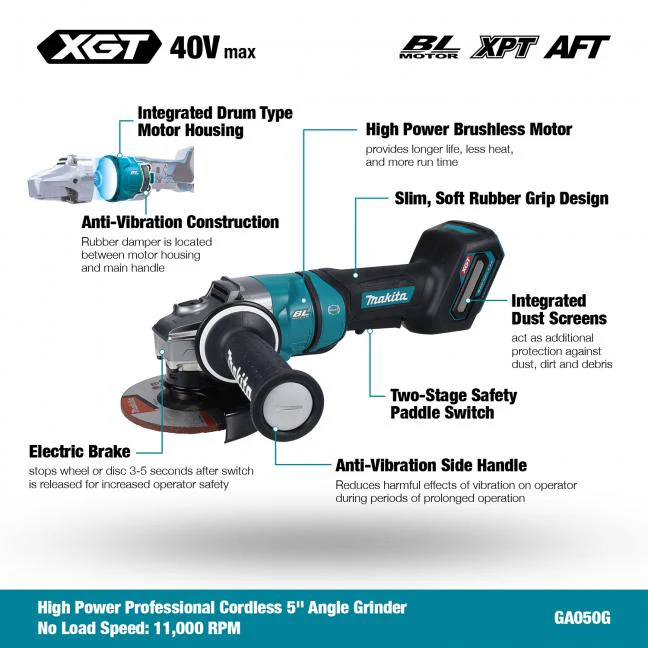 MAKITA GA050GZ 40V Max XGT BL
  5 in. Angle Grinder w/Paddle Switch, Tool Only - Image 2