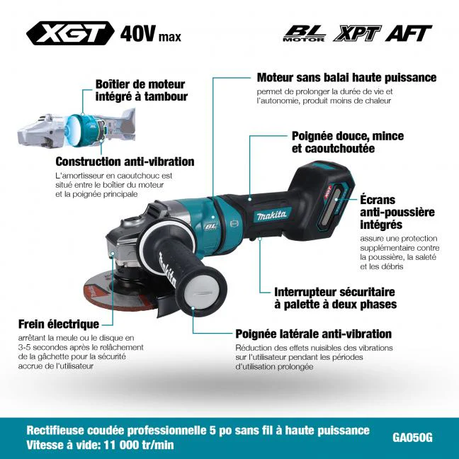 MAKITA GA050GZ 40V Max XGT BL
  5 in. Angle Grinder w/Paddle Switch, Tool Only - Image 3
