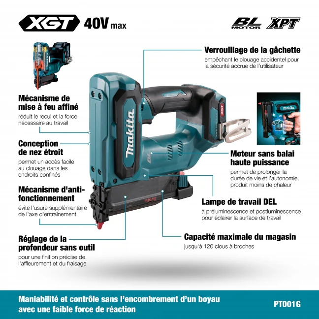 MAKITA
  PT001GZ 40V Max XGT BL 1-3/8 in. 23 ga Pin Nailer, Tool Only - Image 3