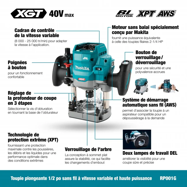 MAKITA RP001GZ01 40V Max XGT BL
  1/2 in. Plunge Router w/AWS, Tool Only - Image 3