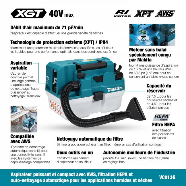 MAKITA
  VC013GLZ01 40V Max XGT BL 7.5 L Wet/Dry Vacuum Cleaner, w/AWS, Tool Only - Image 3