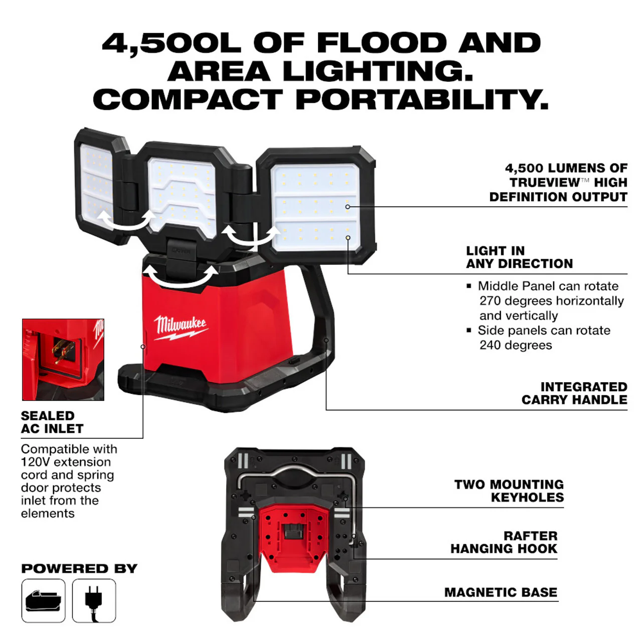 MILWAUKEE 2368-20 M18™ ROVER™ Dual Power Triple-Panel Flood & Area Light - Image 3