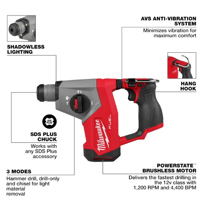 Milwaukee 2508-20 M12 FUEL™ 5/8” SDS Plus Rotary Hammer (Tool Only) - Image 2