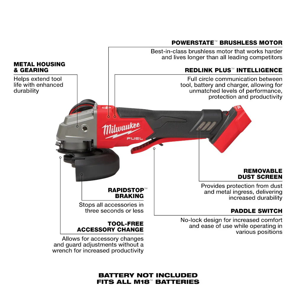 MILWAUKEE 2888-20 M18 FUEL VS, BRAKING GRINDER, PADDLE BARE  5 Inches - Image 6