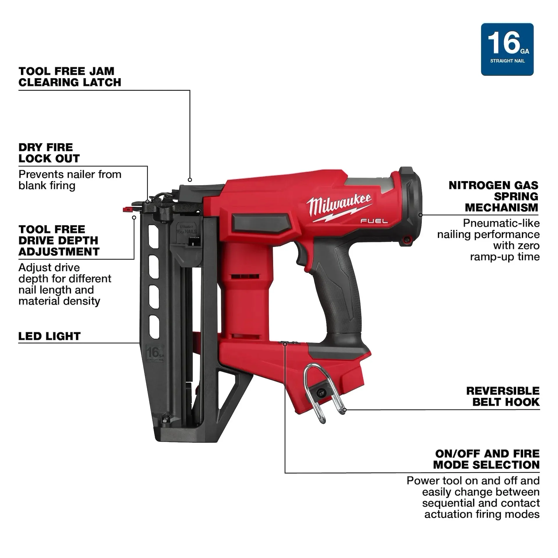 Milwaukee 3020-20 M18 Fuel 16 Guage Straight Finish Nailer Bare Tool - Image 4