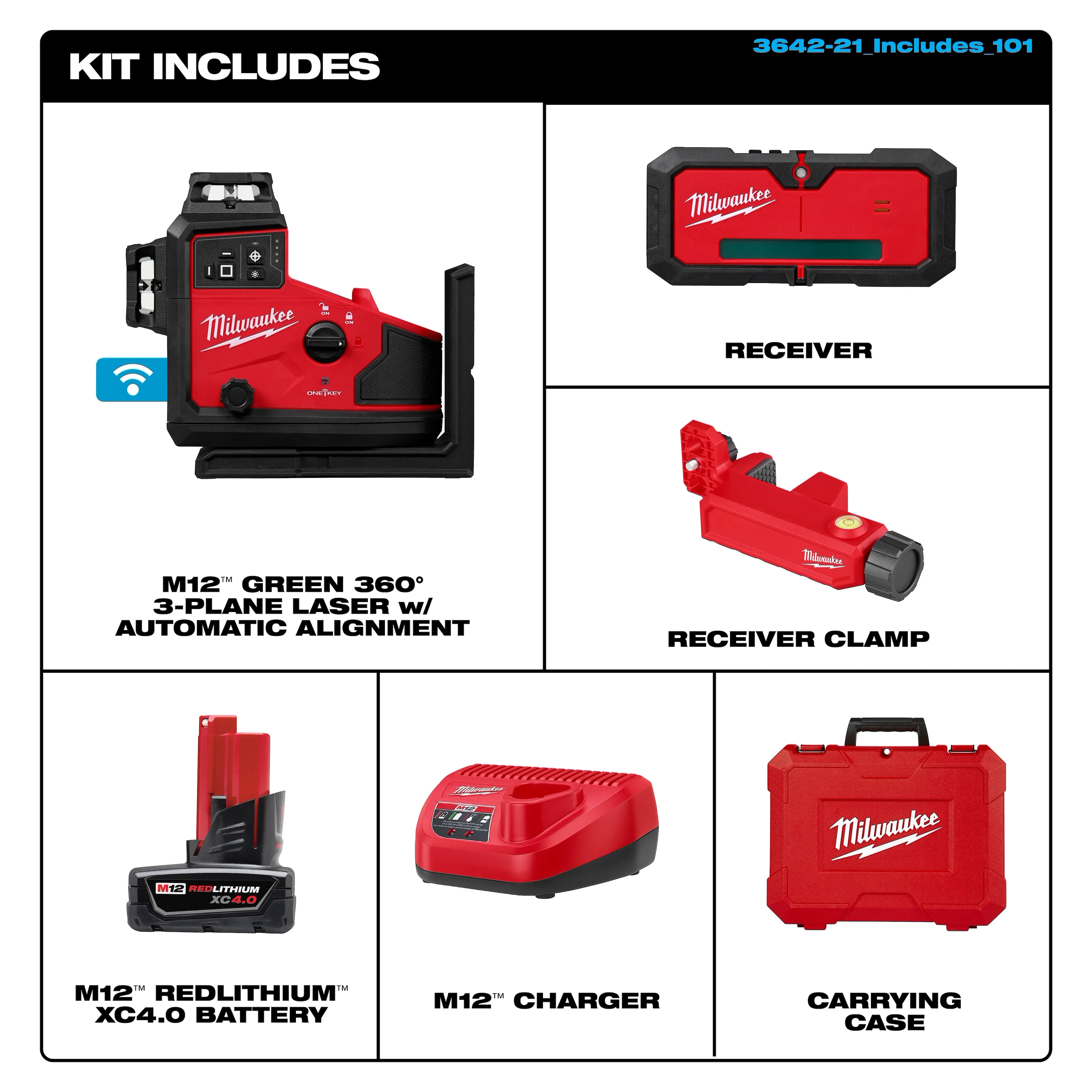 Milwaukee 3642-21 M12 360X3 Green Line Laser Kit, Auto-Align - Image 2