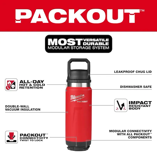 Milwaukee 48-22-8396R PACKOUT™ 24 oz 18/8 Stainless Steel Red Insulated Bottle with Chug Lid - Image 5