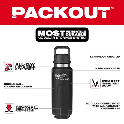 Milwaukee 48-22-8397B PACKOUT™ 36 oz 18/8 Stainless Steel Black Insulated Bottle with Chug Lid - Image 3