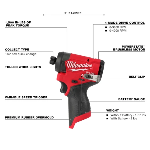 Milwaukee 3453-21 M12 FUEL 1/4 in. Hex Impact Driver W/2.0Ah Batteries - Image 3