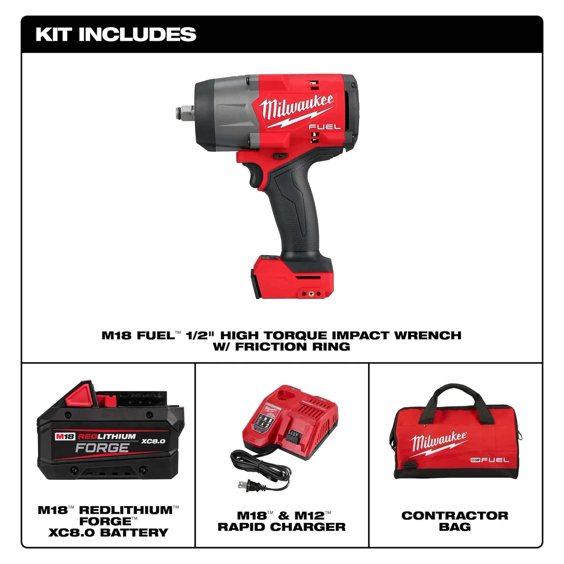 Milwaukee M18 FUEL 18V 1/2 in. High Torque Impact Wrench w/ Friction Ring Kit w/ FORGE 8.0 Battery - Image 3