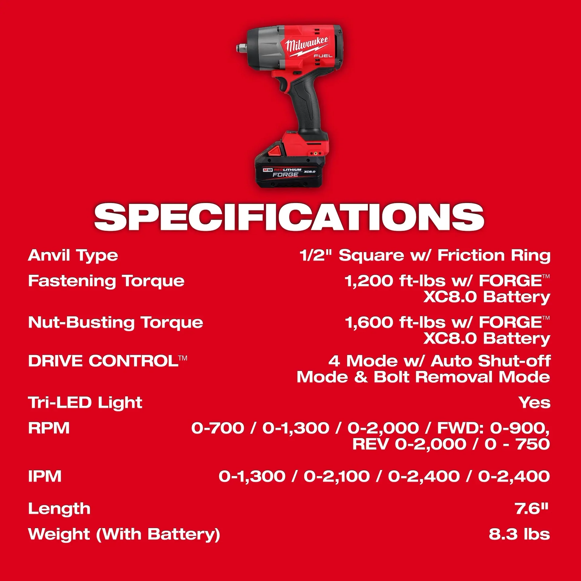 Milwaukee M18 FUEL 18V 1/2 in. High Torque Impact Wrench w/ Friction Ring Kit w/ FORGE 8.0 Battery - Image 8