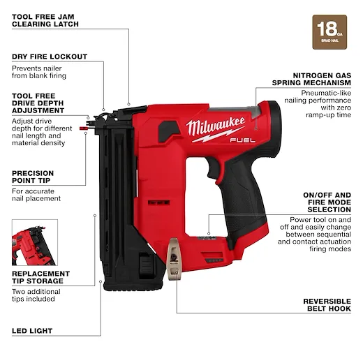 Milwaukee 2541-20 5/8 - 1-1/2 in 18 ga Brad Cordless Brad Nailer - Image 3