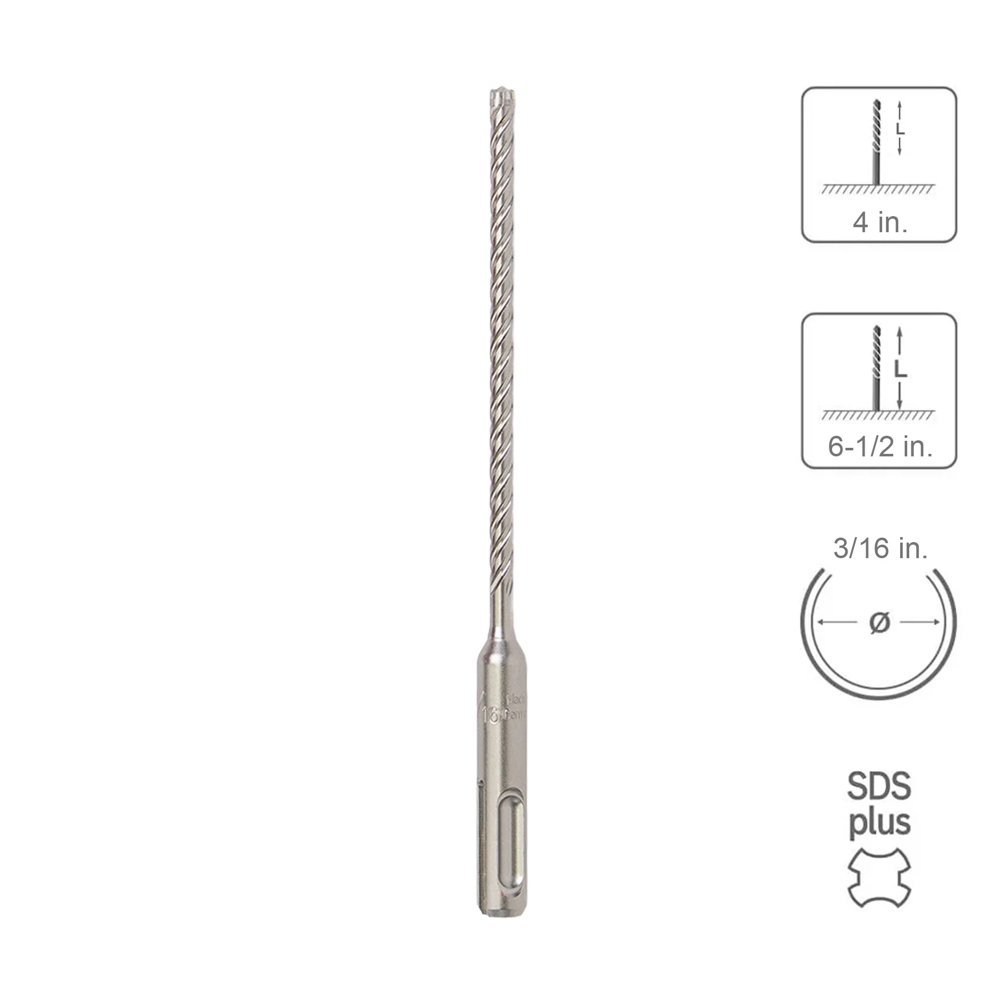 SABERCUT 3/16 In. x 4 In. x 6-1/2 In. 4-Cutter Premium Full Head Carbide SDS Plus Drill Bit